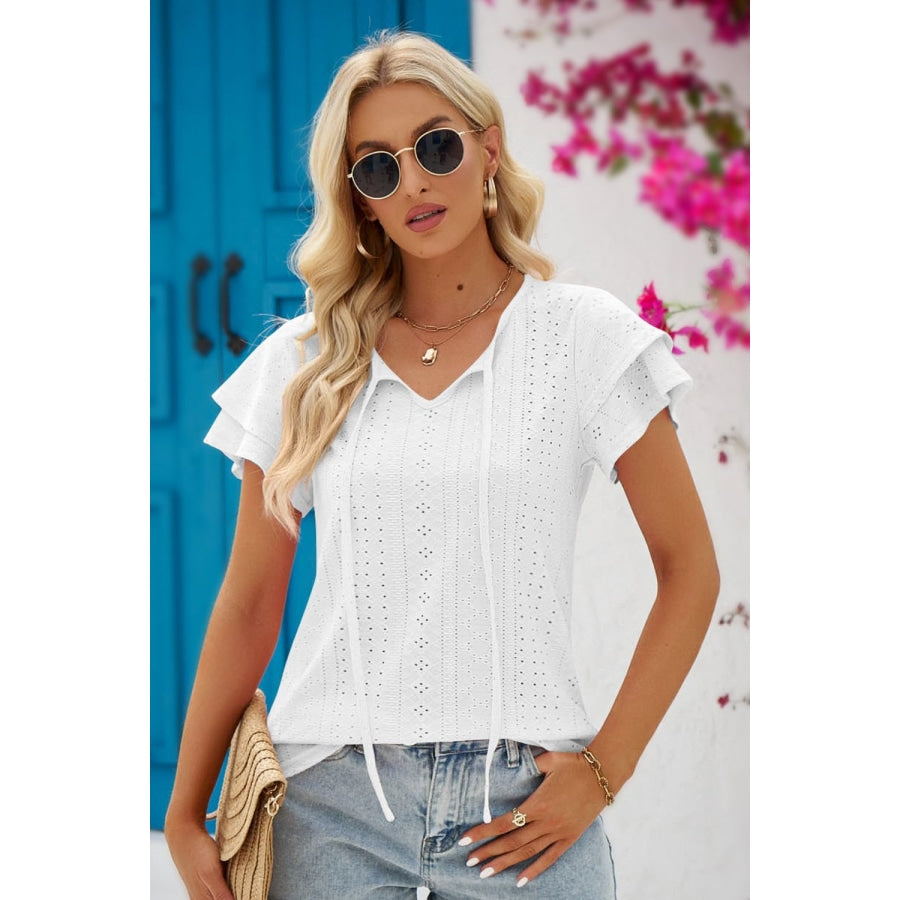 Eyelet Tie-Neck Flutter Sleeve Blouse