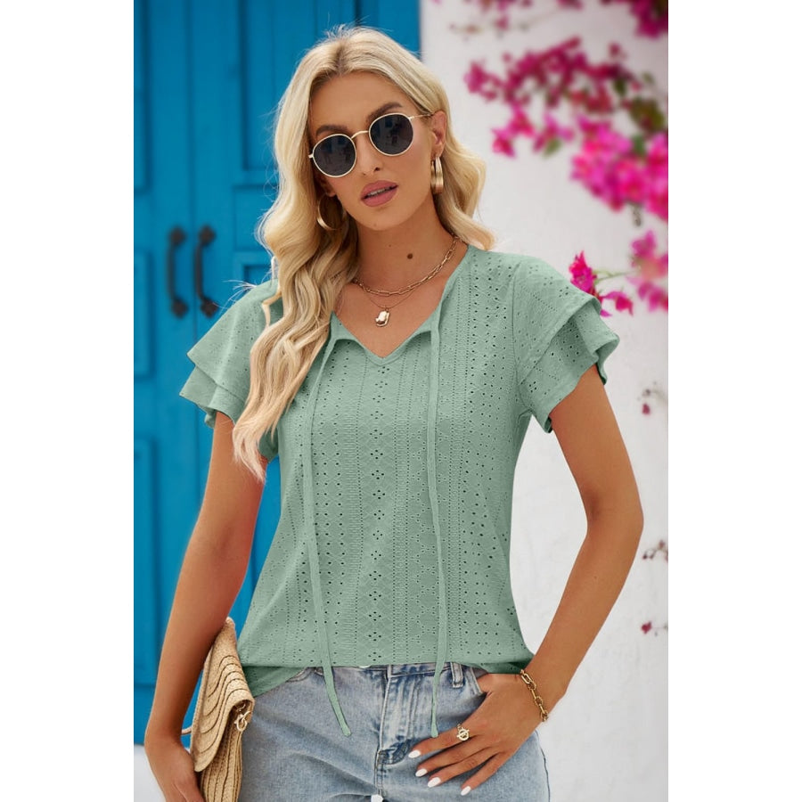 Eyelet Tie-Neck Flutter Sleeve Blouse