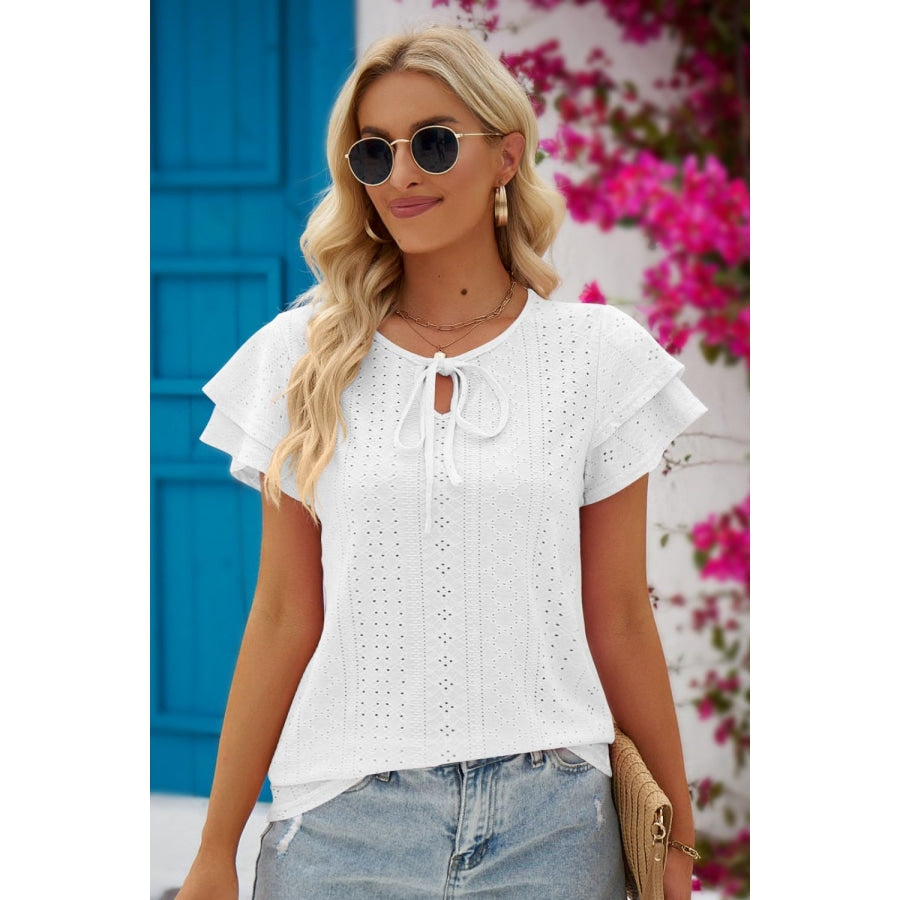 Eyelet Tie-Neck Flutter Sleeve Blouse White / S