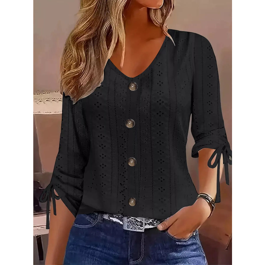 Eyelet Tie-Sleeve Detail Top Black / S Apparel and Accessories