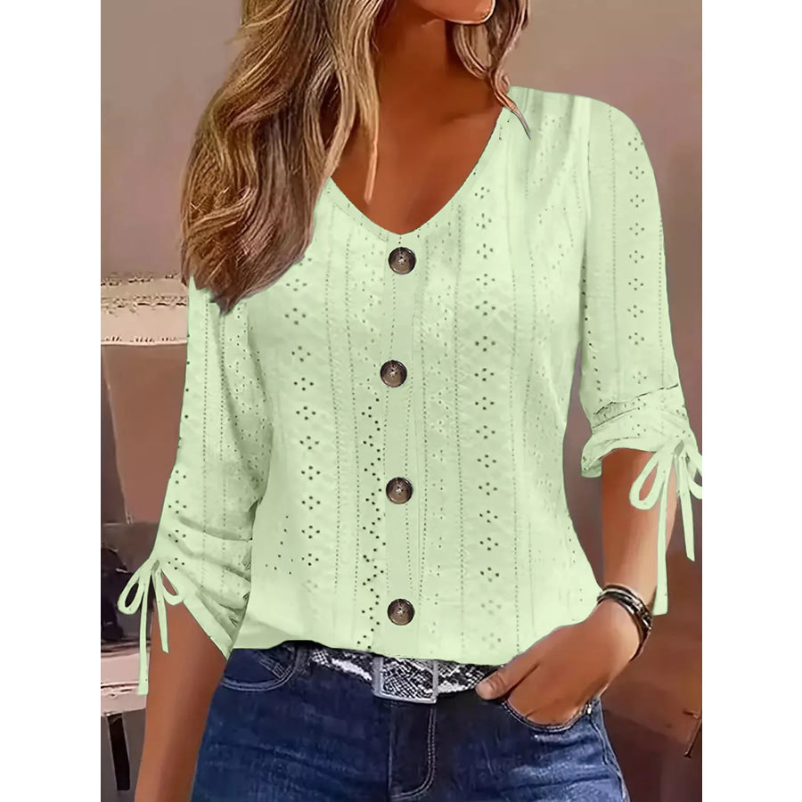 Eyelet Tie-Sleeve Detail Top Light Green / S Apparel and Accessories