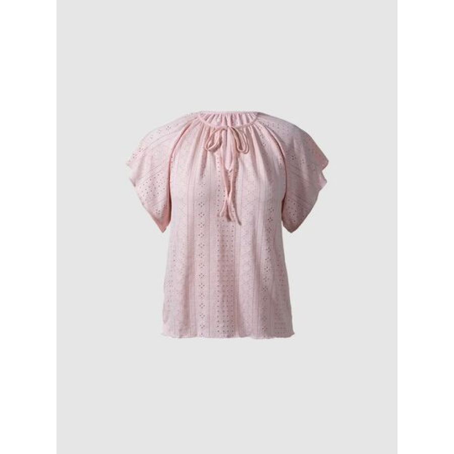 Eyelet Tied Flutter Sleeve Blouse Blush Pink / S Apparel and Accessories