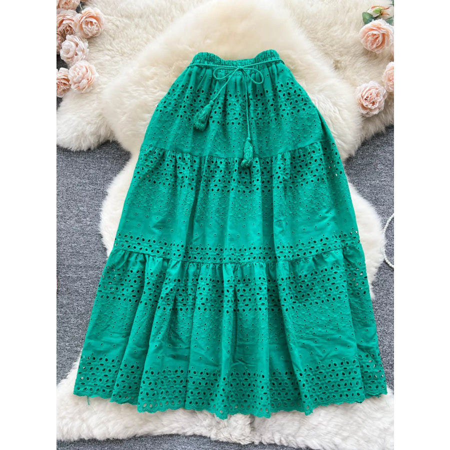Eyelet Tiered Maxi Skirt Green / One Size Apparel and Accessories
