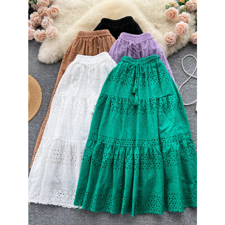 Eyelet Tiered Maxi Skirt Green / One Size Apparel and Accessories