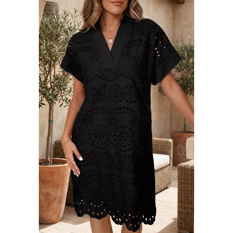 Eyelet Trim Short Sleeve Dress Apparel and Accessories