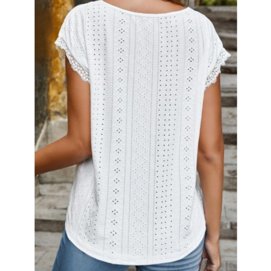 Eyelet V - Neck Cap Sleeve Blouse Apparel and Accessories