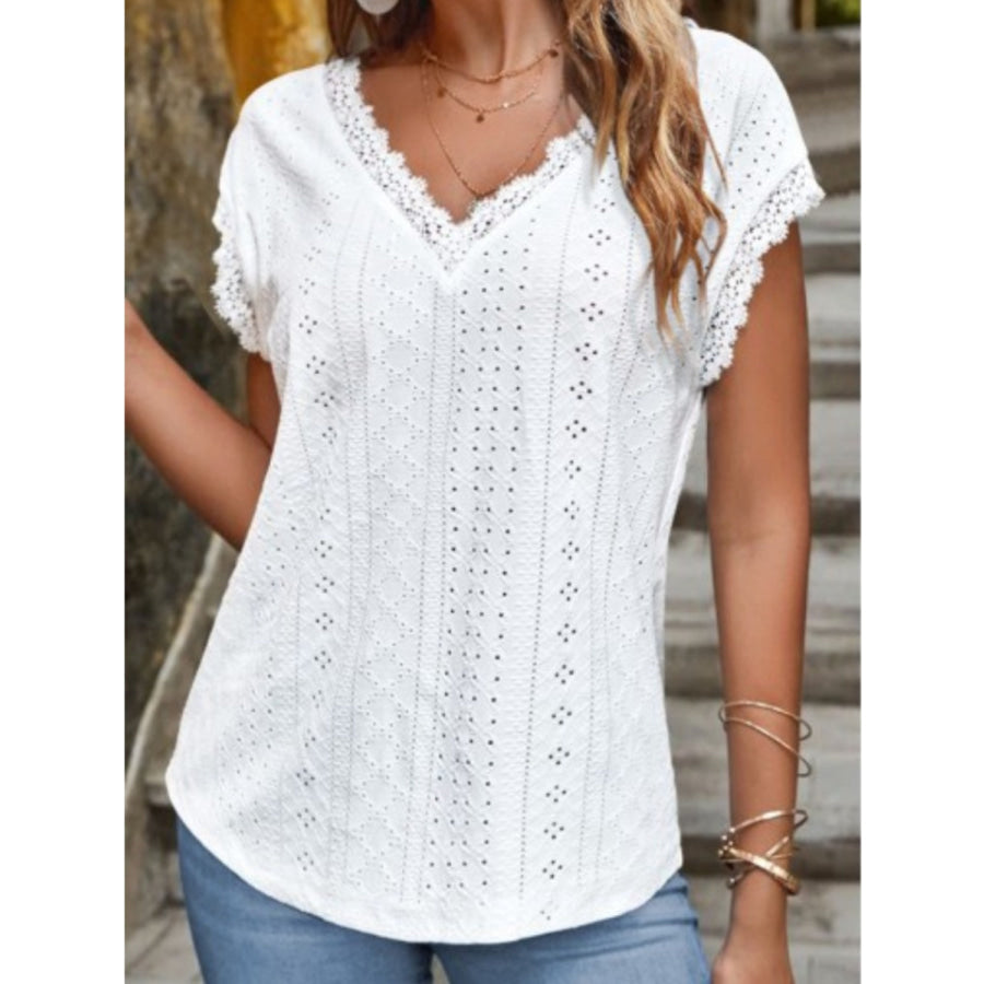 Eyelet V - Neck Cap Sleeve Blouse Apparel and Accessories