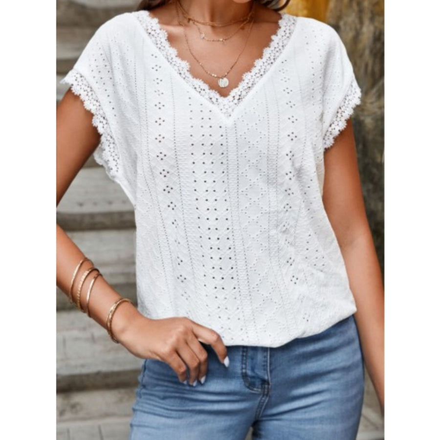 Eyelet V - Neck Cap Sleeve Blouse White / S Apparel and Accessories