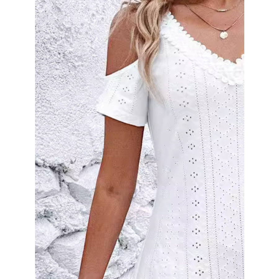 Eyelet V-Neck Cold Shoulder Mini Dress Apparel and Accessories