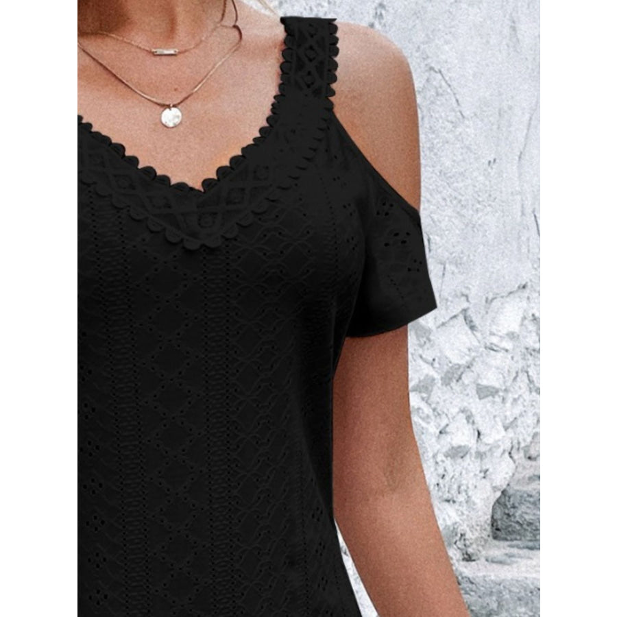 Eyelet V-Neck Cold Shoulder Mini Dress Apparel and Accessories