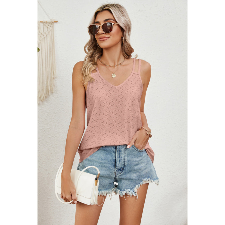 Eyelet V - Neck Double Spaghetti Straps Cami Light Mauve / S Apparel and Accessories