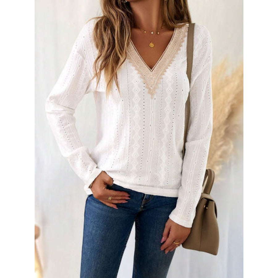 Eyelet V-Neck Dropped Shoulder T-Shirt Clothing