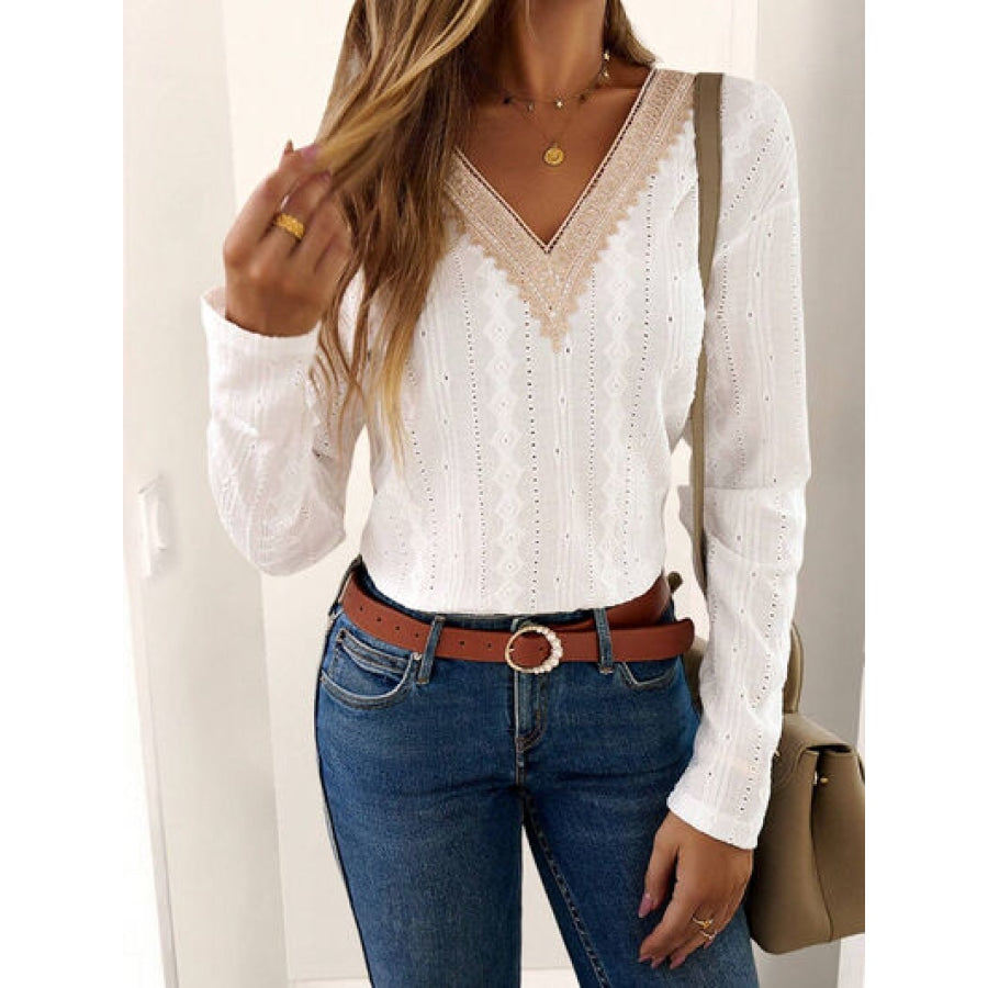 Eyelet V-Neck Dropped Shoulder T-Shirt Clothing