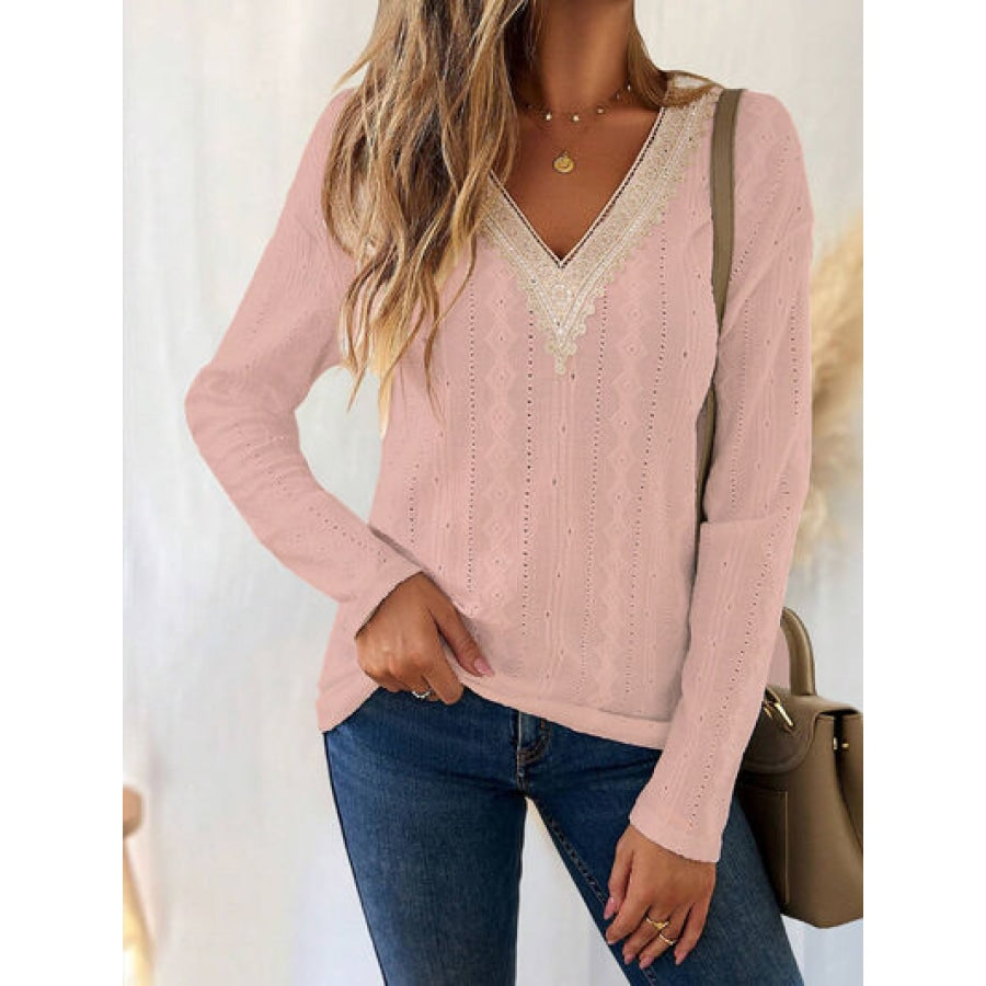 Eyelet V-Neck Dropped Shoulder T-Shirt Dusty Pink / S Clothing