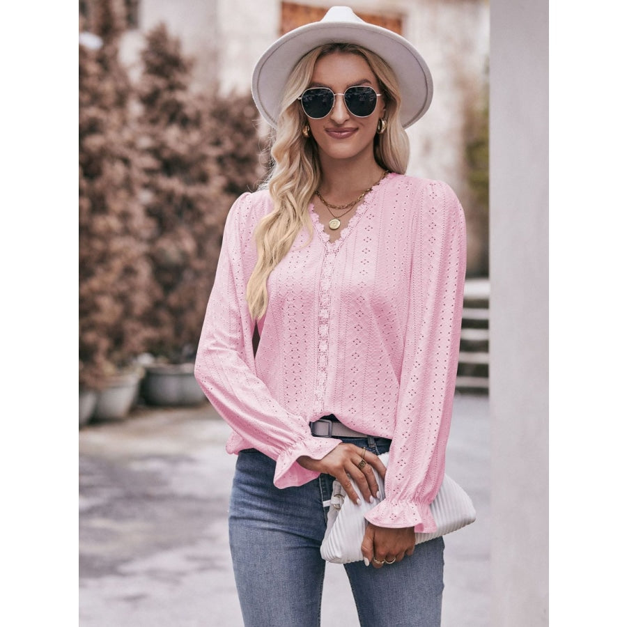 Eyelet V-Neck Flounce Sleeve Blouse Blush Pink / S