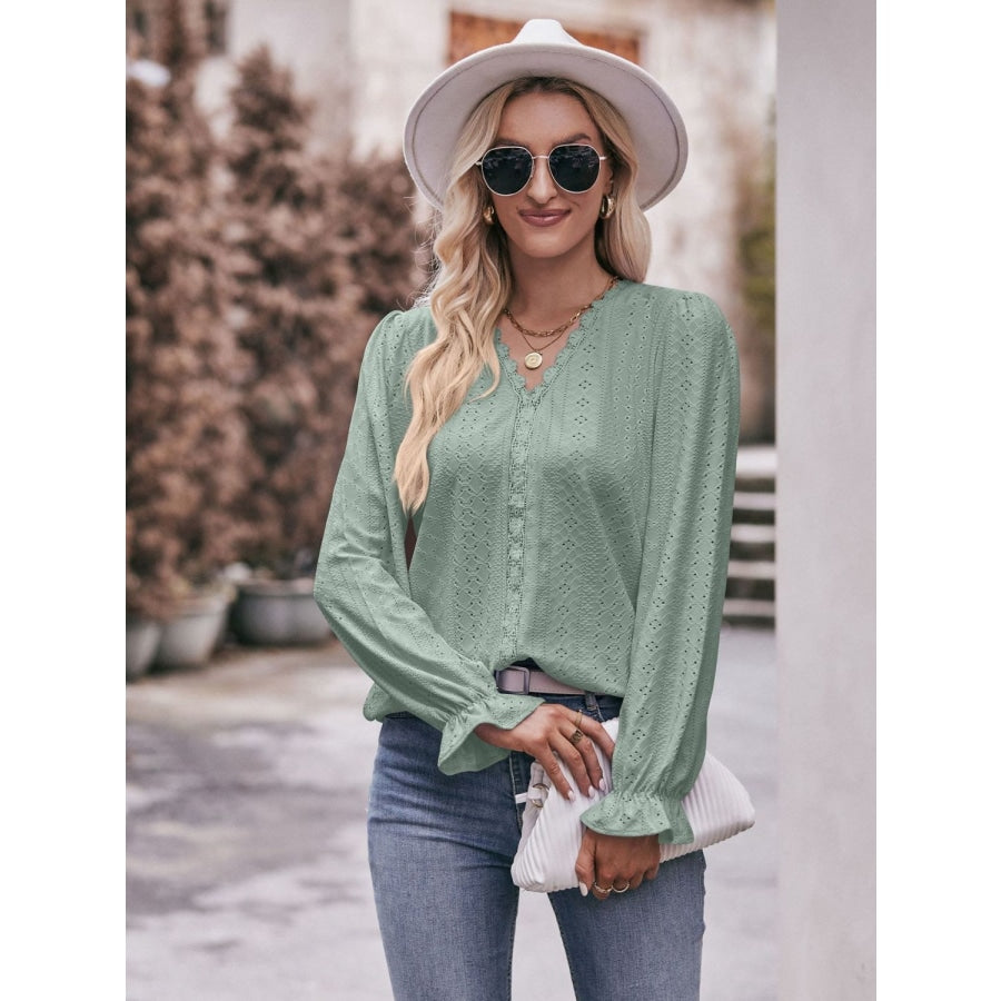 Eyelet V-Neck Flounce Sleeve Blouse Gum Leaf / S