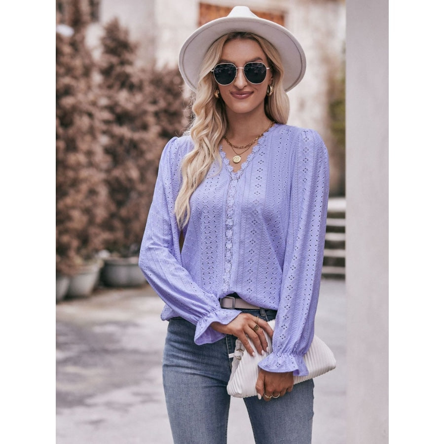 Eyelet V-Neck Flounce Sleeve Blouse Lavender / S