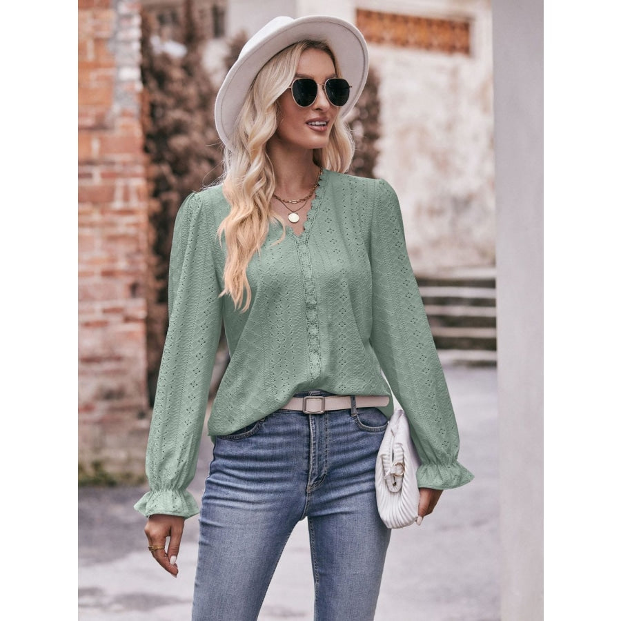 Eyelet V-Neck Flounce Sleeve Blouse