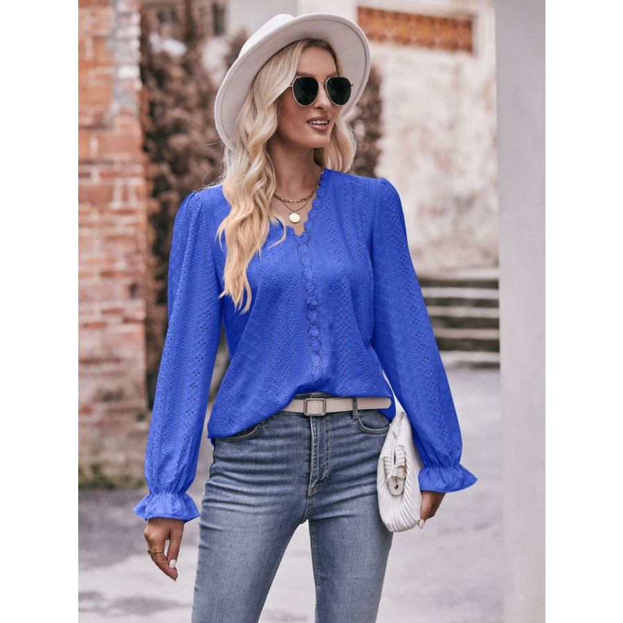 Eyelet V-Neck Flounce Sleeve Blouse