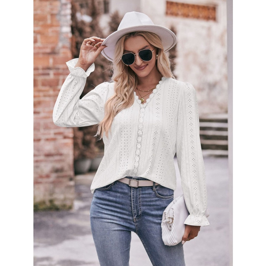 Eyelet V-Neck Flounce Sleeve Blouse