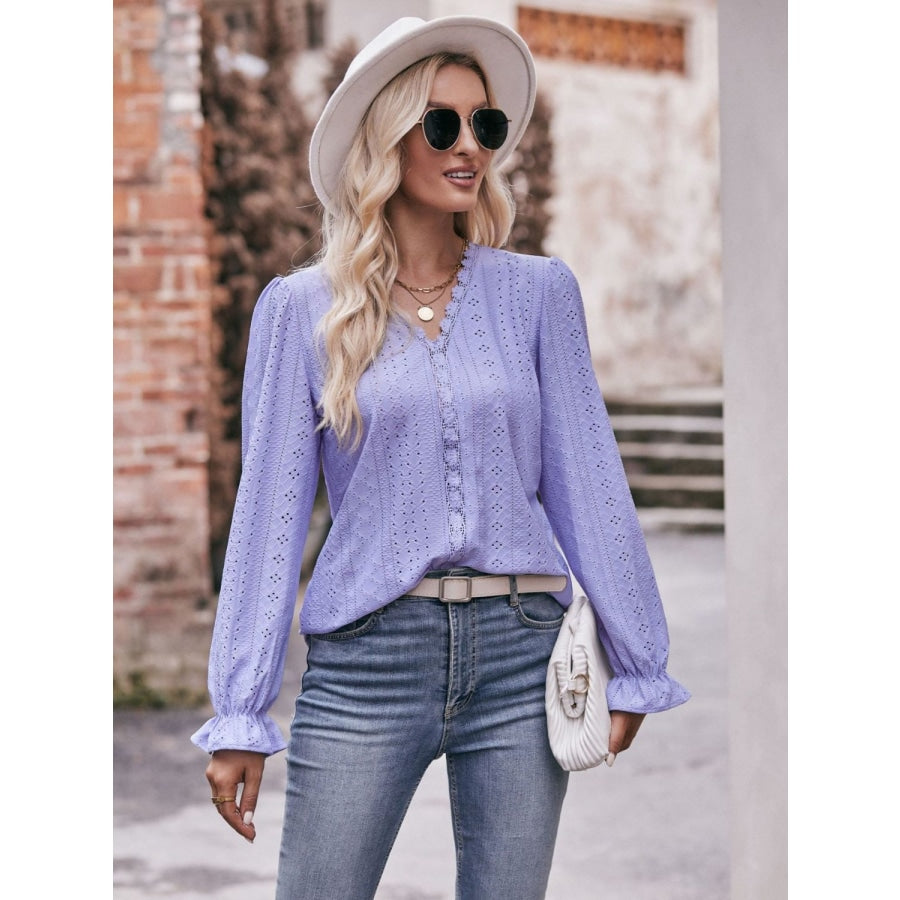 Eyelet V-Neck Flounce Sleeve Blouse