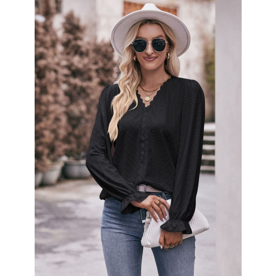 Eyelet V-Neck Flounce Sleeve Blouse