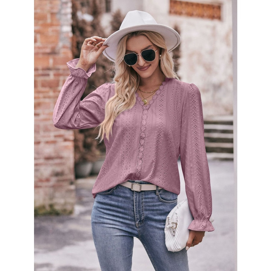 Eyelet V-Neck Flounce Sleeve Blouse