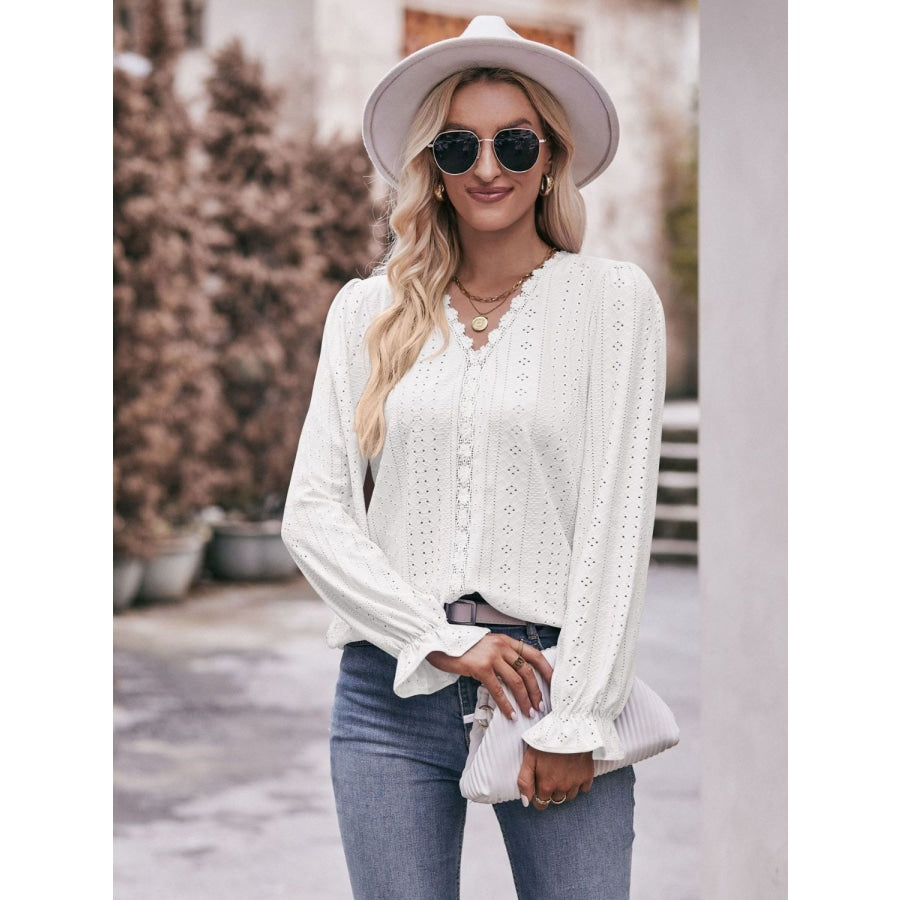 Eyelet V-Neck Flounce Sleeve Blouse White / S