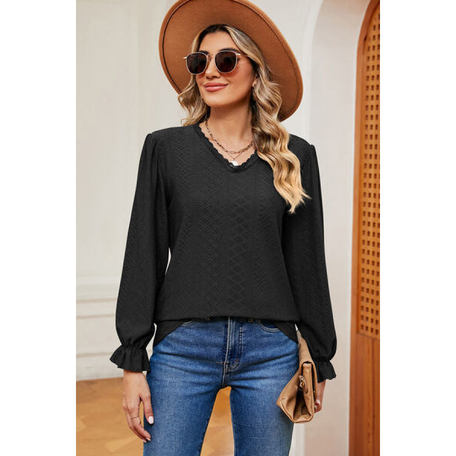 Eyelet V - Neck Flounce Sleeve T - Shirt Apparel and Accessories