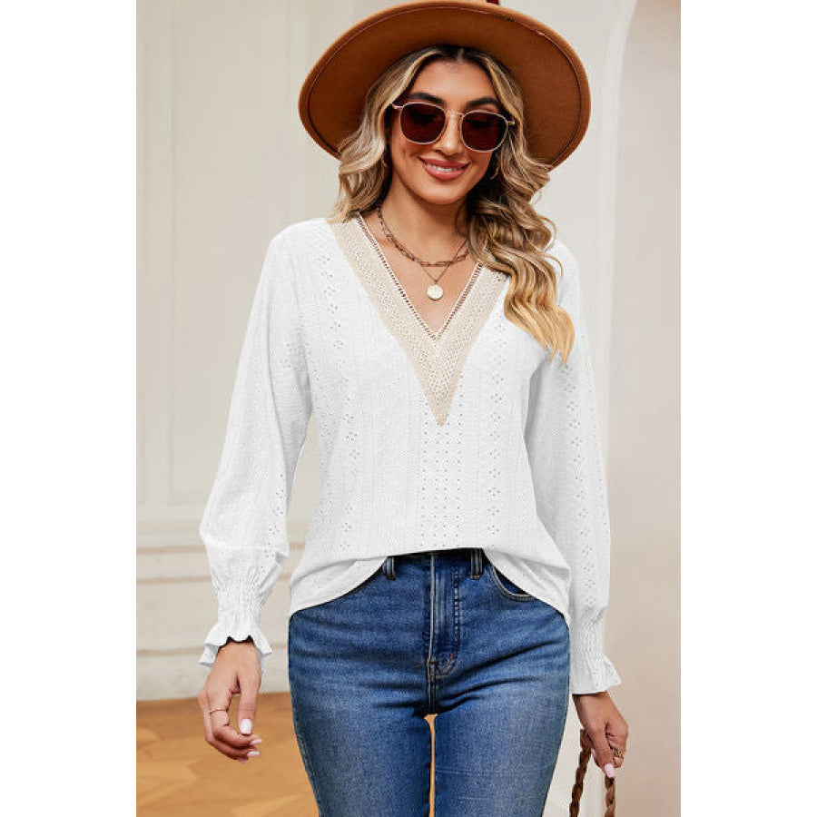 Eyelet V - Neck Flounce Sleeve T - Shirt Apparel and Accessories