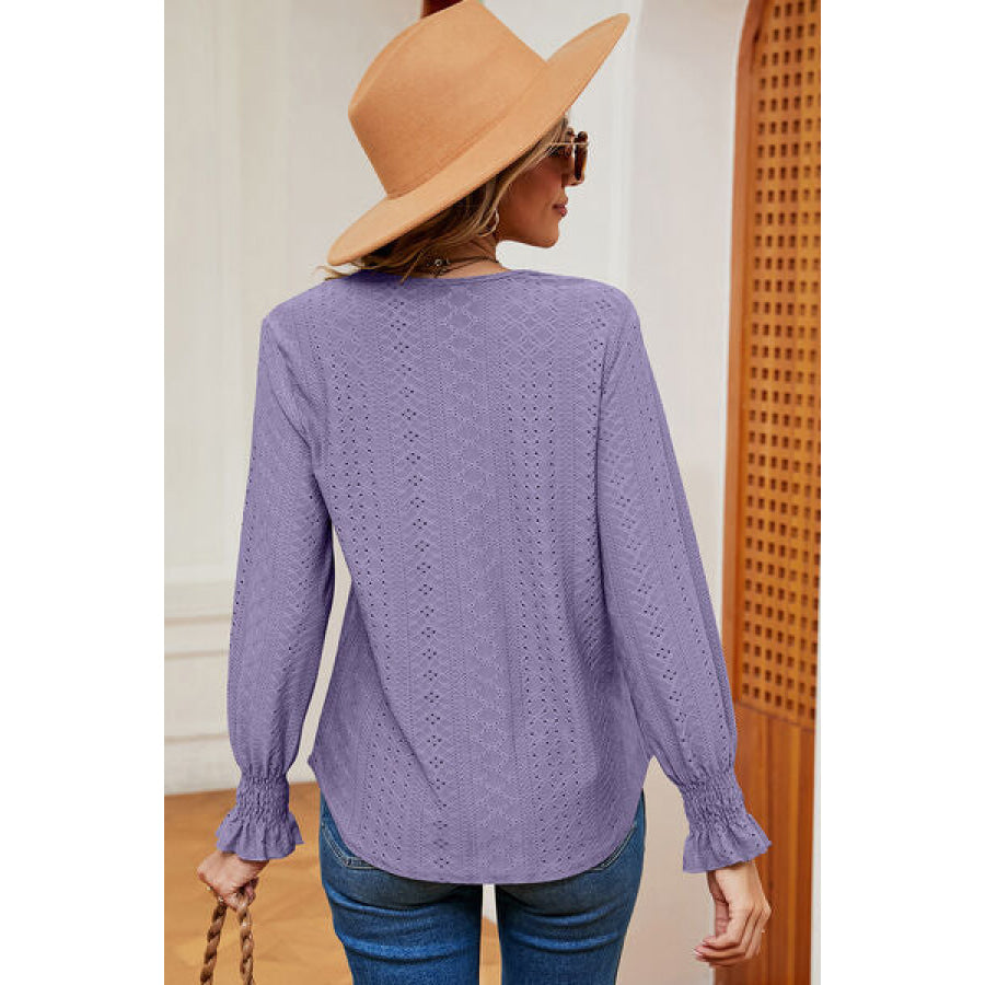 Eyelet V - Neck Flounce Sleeve T - Shirt Apparel and Accessories