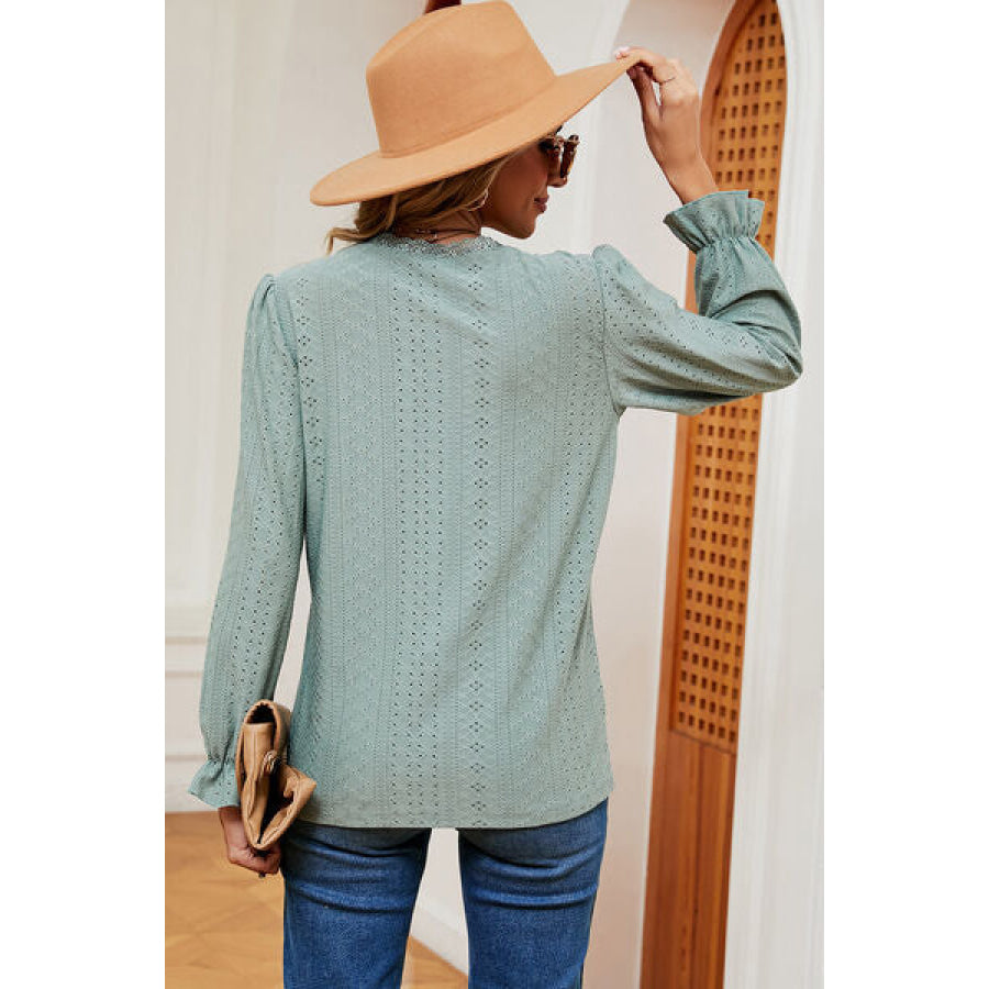 Eyelet V - Neck Flounce Sleeve T - Shirt Apparel and Accessories