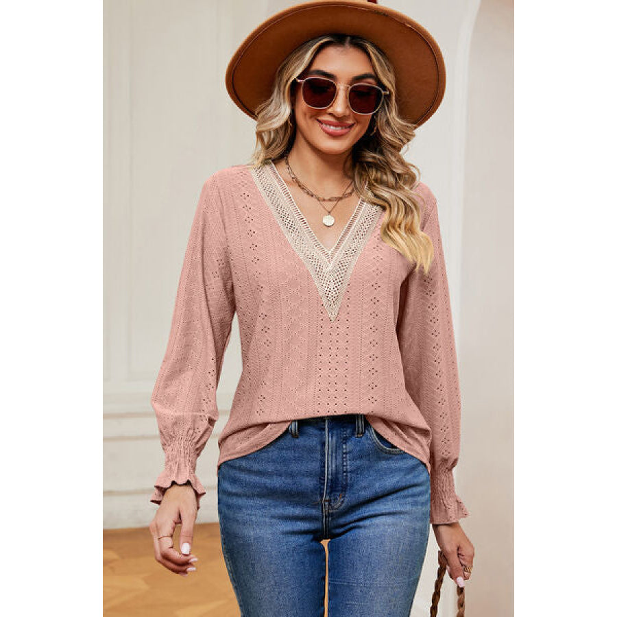 Eyelet V - Neck Flounce Sleeve T - Shirt Apparel and Accessories