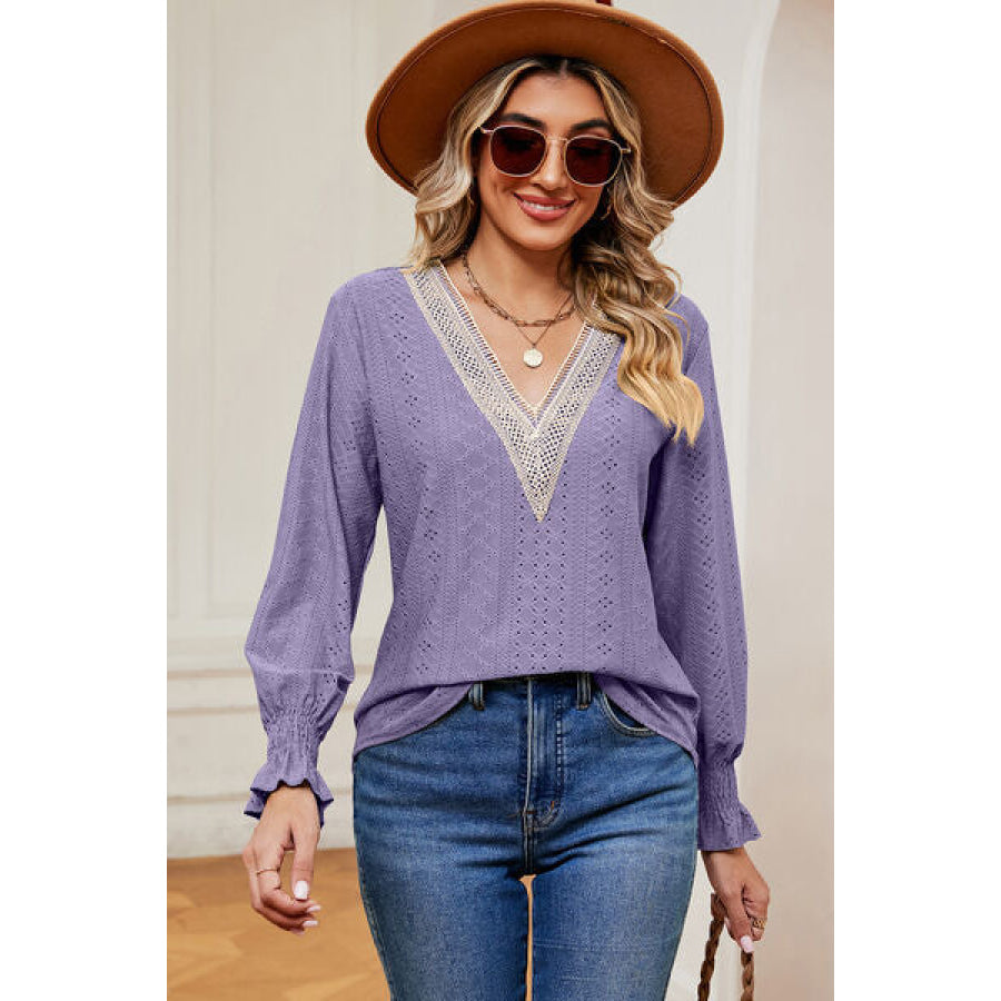 Eyelet V - Neck Flounce Sleeve T - Shirt Apparel and Accessories