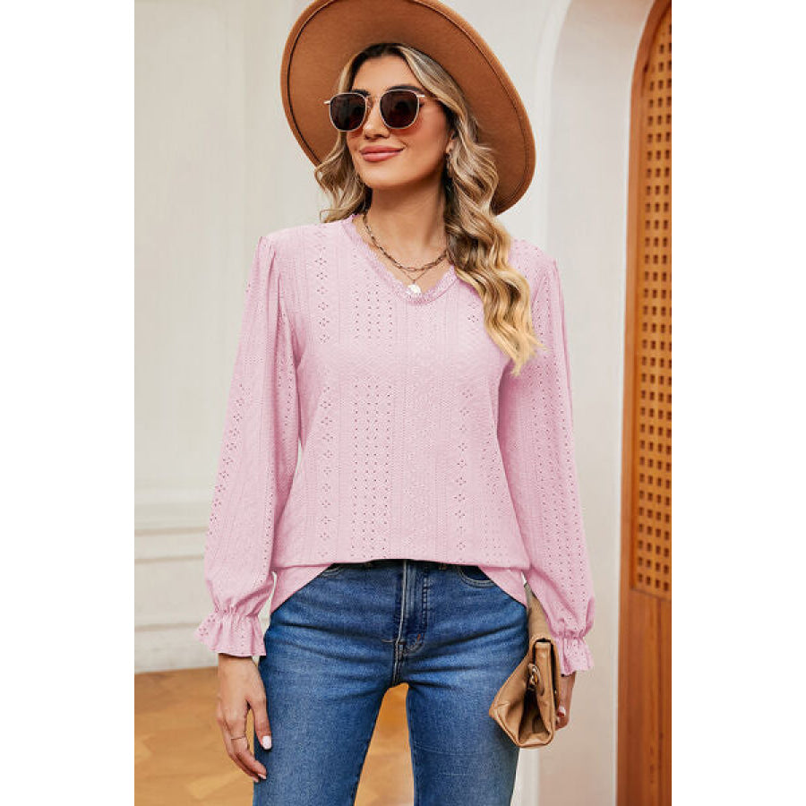 Eyelet V - Neck Flounce Sleeve T - Shirt Apparel and Accessories