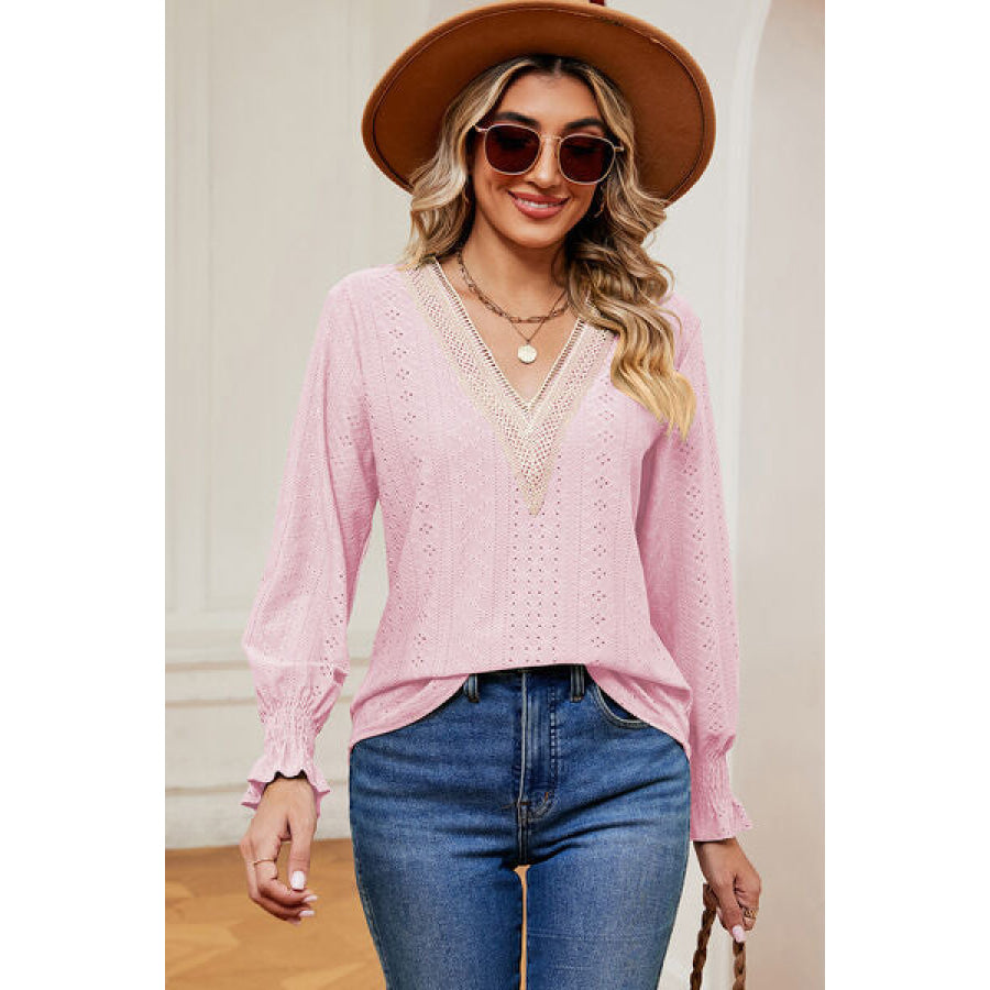 Eyelet V - Neck Flounce Sleeve T - Shirt Apparel and Accessories