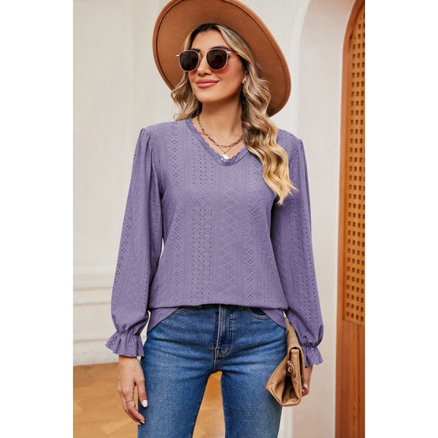 Eyelet V - Neck Flounce Sleeve T - Shirt Apparel and Accessories