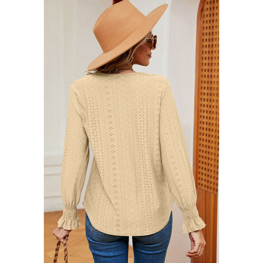 Eyelet V - Neck Flounce Sleeve T - Shirt Apparel and Accessories