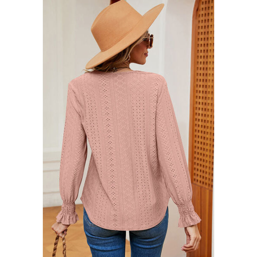 Eyelet V - Neck Flounce Sleeve T - Shirt Apparel and Accessories