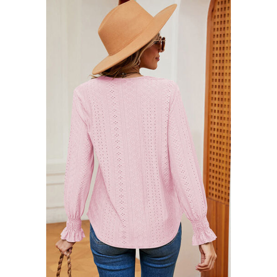 Eyelet V - Neck Flounce Sleeve T - Shirt Apparel and Accessories