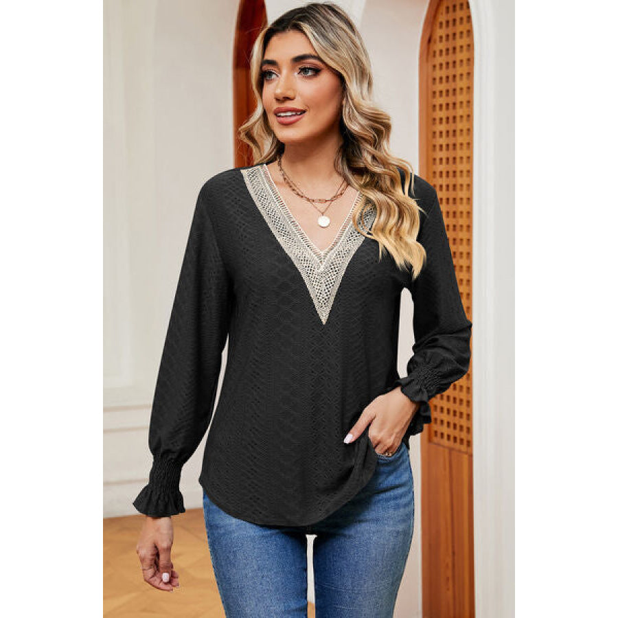 Eyelet V - Neck Flounce Sleeve T - Shirt Black / S Apparel and Accessories