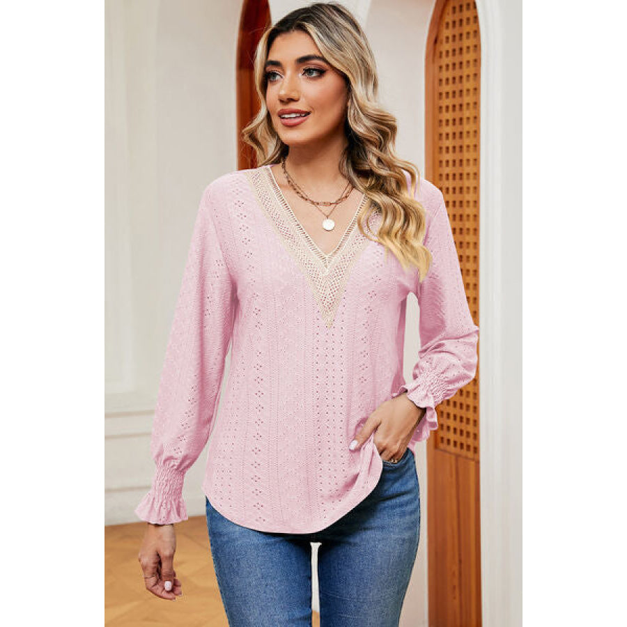 Eyelet V - Neck Flounce Sleeve T - Shirt Blush Pink / S Apparel and Accessories