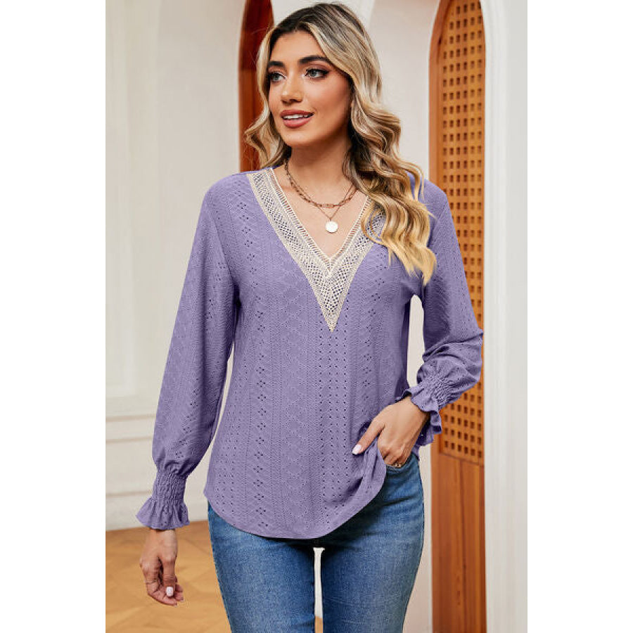 Eyelet V - Neck Flounce Sleeve T - Shirt Lavender / S Apparel and Accessories
