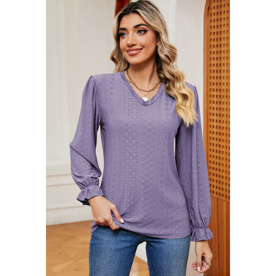 Eyelet V - Neck Flounce Sleeve T - Shirt Lilac / S Apparel and Accessories
