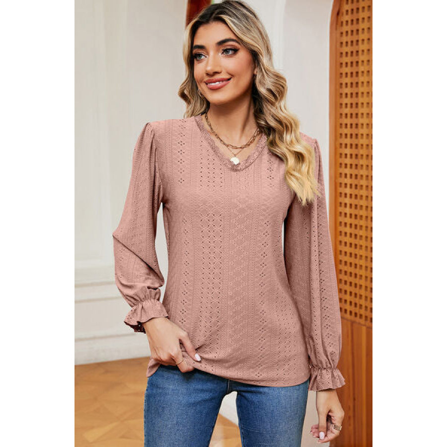 Eyelet V - Neck Flounce Sleeve T - Shirt Pale Blush / S Apparel and Accessories