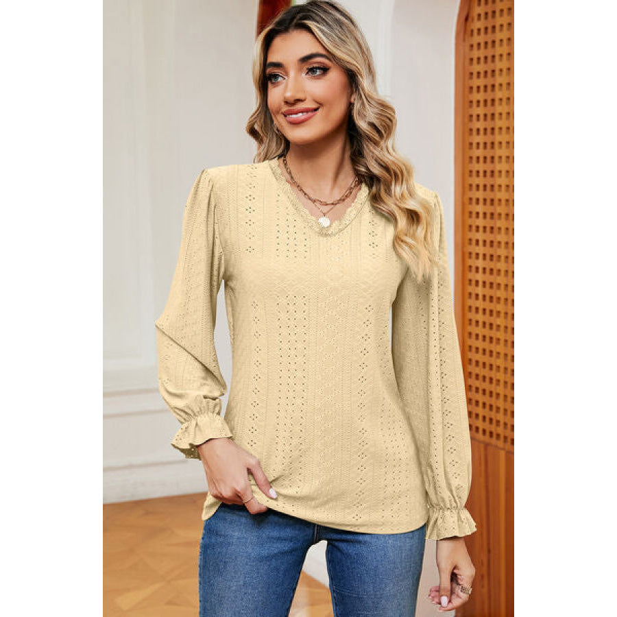 Eyelet V - Neck Flounce Sleeve T - Shirt Pastel Yellow / S Apparel and Accessories