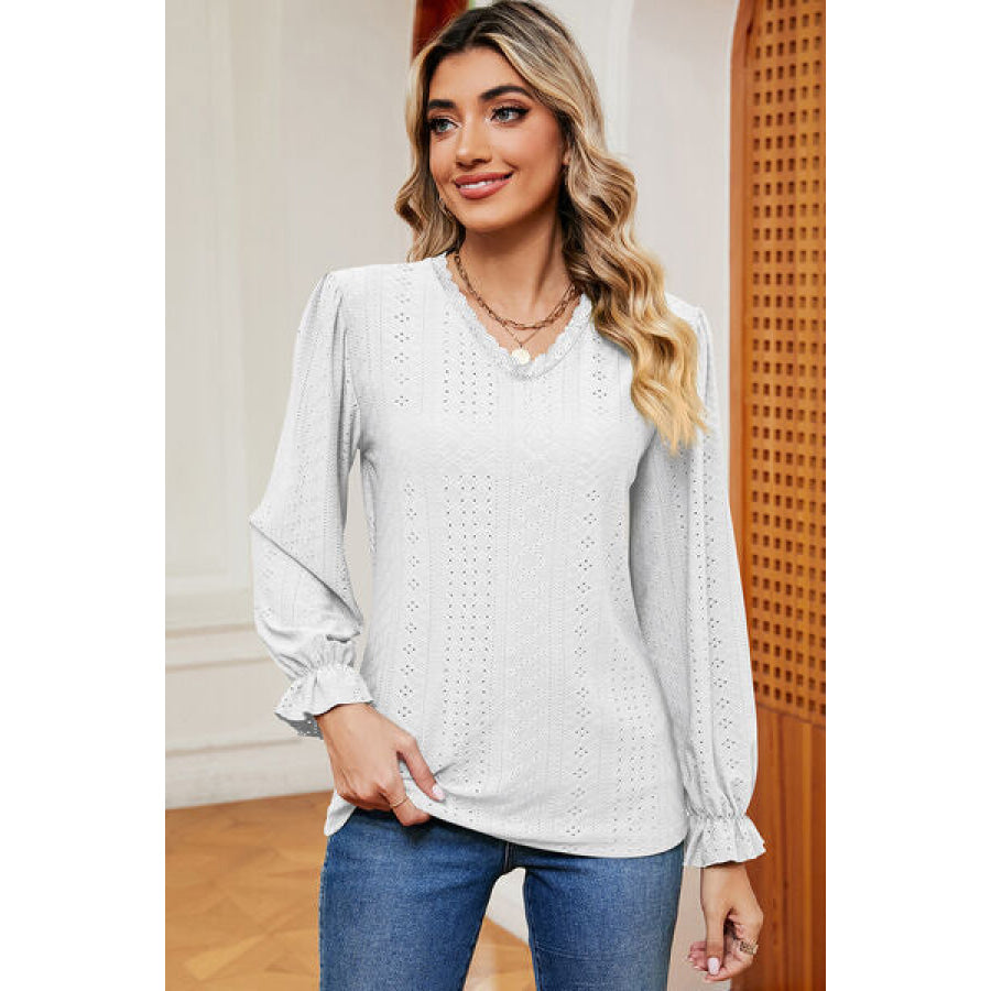 Eyelet V - Neck Flounce Sleeve T - Shirt White / S Apparel and Accessories