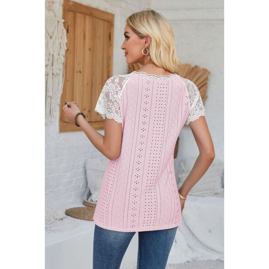 Eyelet V - Neck Lace Short Sleeve T - Shirt Apparel and Accessories