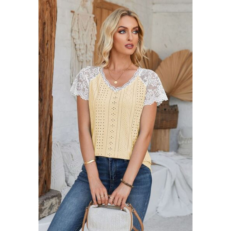 Eyelet V - Neck Lace Short Sleeve T - Shirt Apparel and Accessories