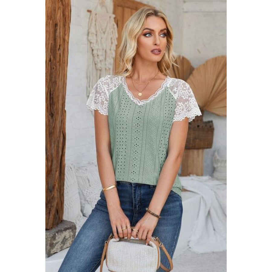 Eyelet V - Neck Lace Short Sleeve T - Shirt Apparel and Accessories